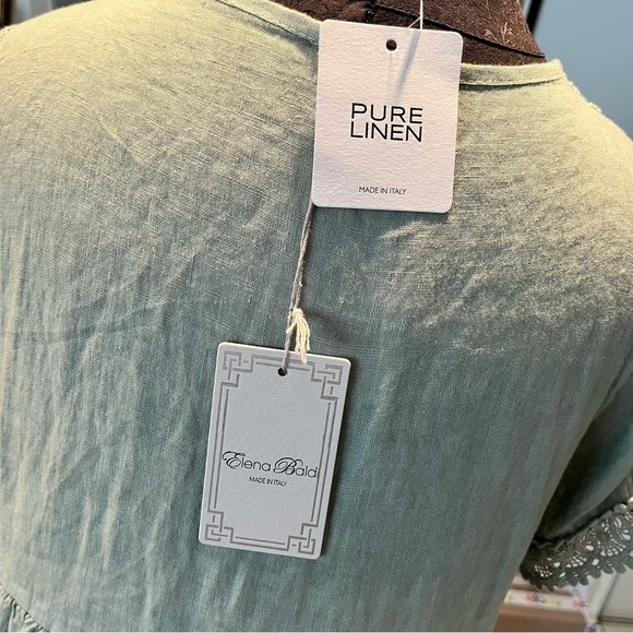 NWT Elena Baldi Sage Linen and Lace Tiered V Neck Babydoll Dress Small New - Picture 5 of 9